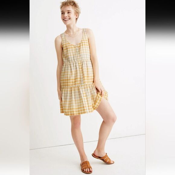 Madewell Button-Front Tiered Mini Dress Gingham XS - Picture 1 of 11